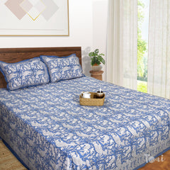 White Parrots on Blue |hand block printed bedsheet| Double bed ,King size | 210 TC Pure Cotton| Complementing pillow covers