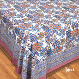 Purple, Pink florals on White |hand block printed bedsheet| Double bed ,Queen size | 210 TC Pure Cotton| Complementing pillow covers