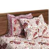 Rust Maroon florals on White |hand block printed bedsheet| Double bed ,Queen size | 210 TC Pure Cotton| Complementing pillow covers