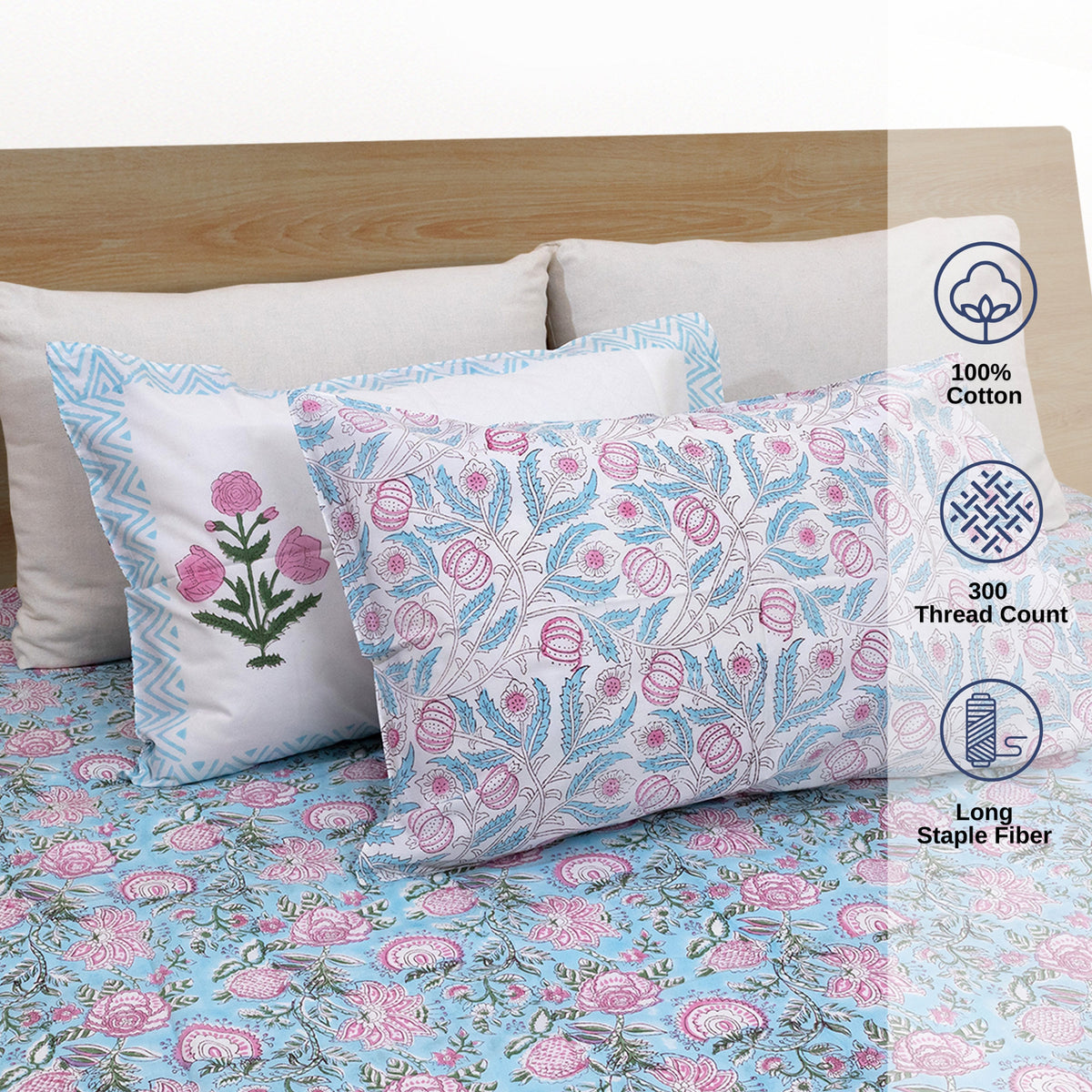 Pink Florals on Blue  |  Premium Bedsheet