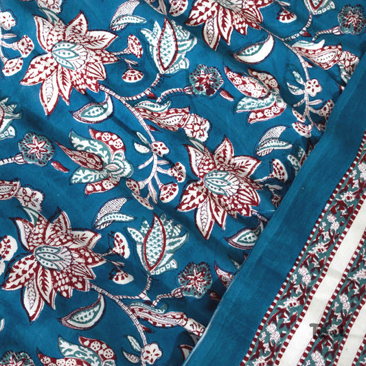 White Red Florals on Blue |hand block printed bedsheet| Double bed ,Queen size | 210 TC Pure Cotton| Complementing pillow covers