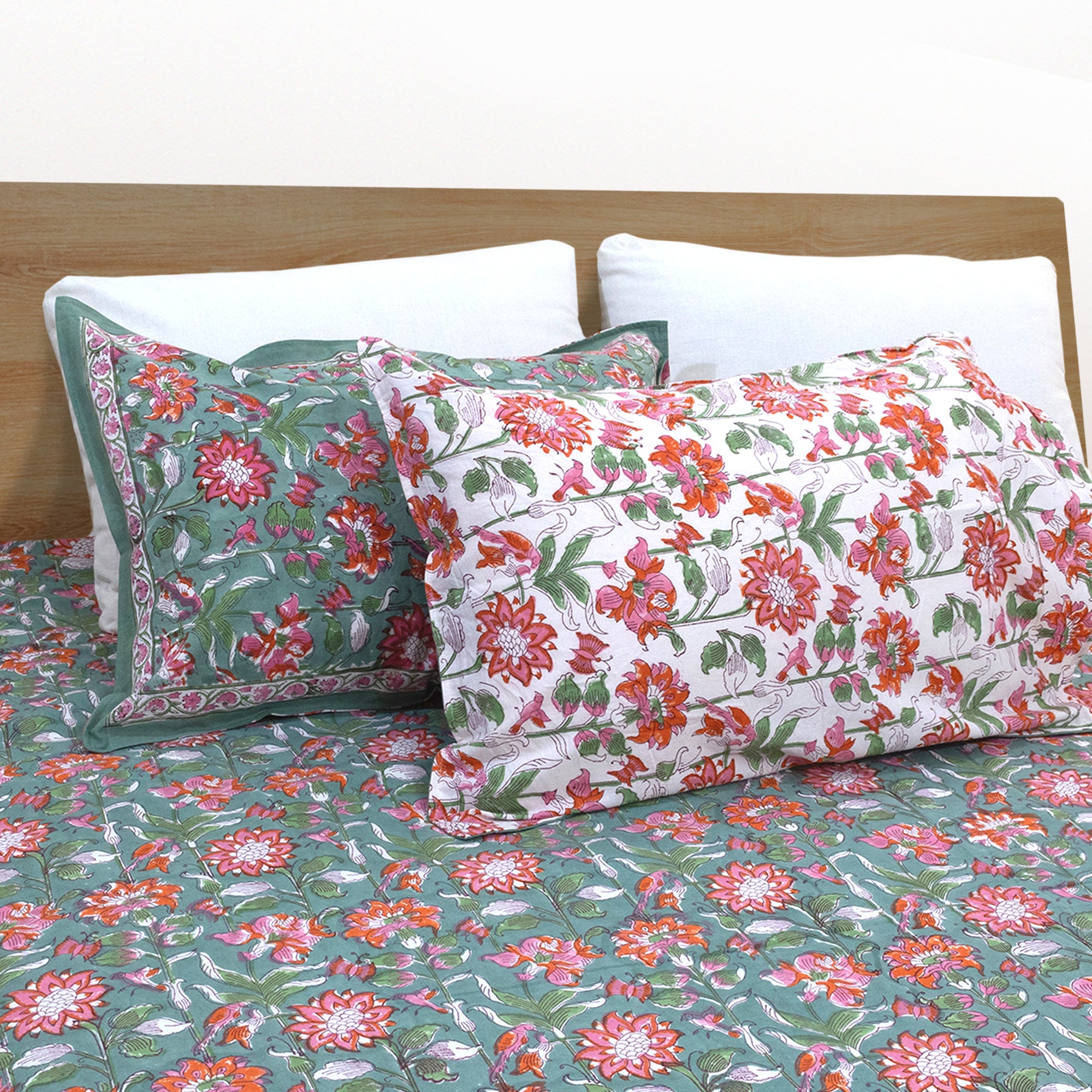 Pink Florals on Deep Green | Fine Quality Bedsheet