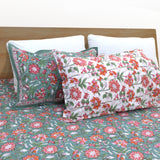 Pink Florals on Deep Green | 210TC Pure Cotton Bedsheet