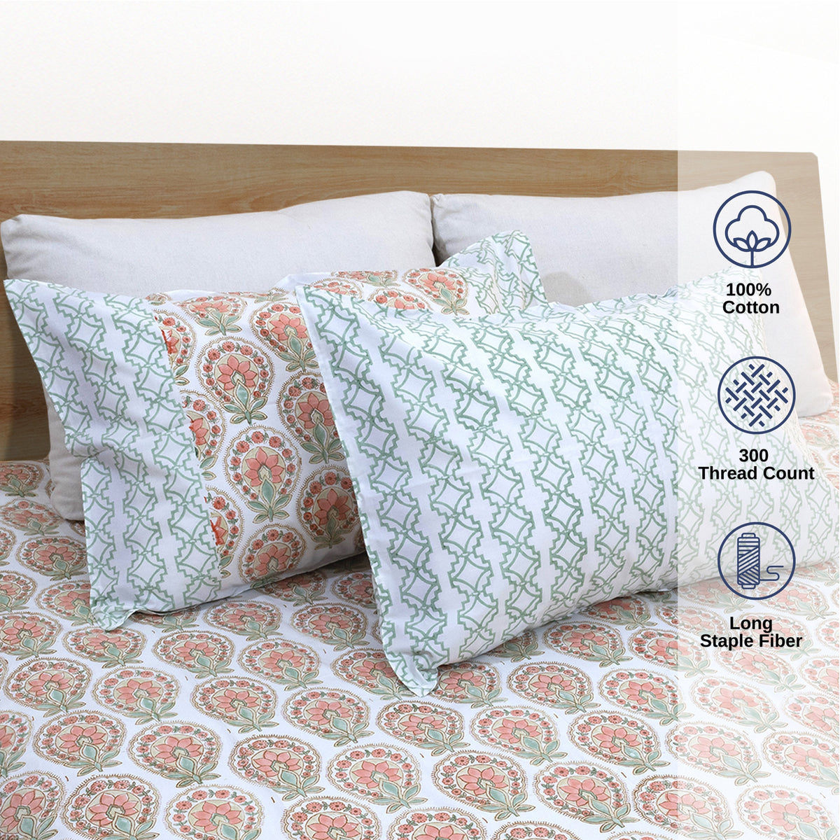 Peach Green White | Premium Bedsheet