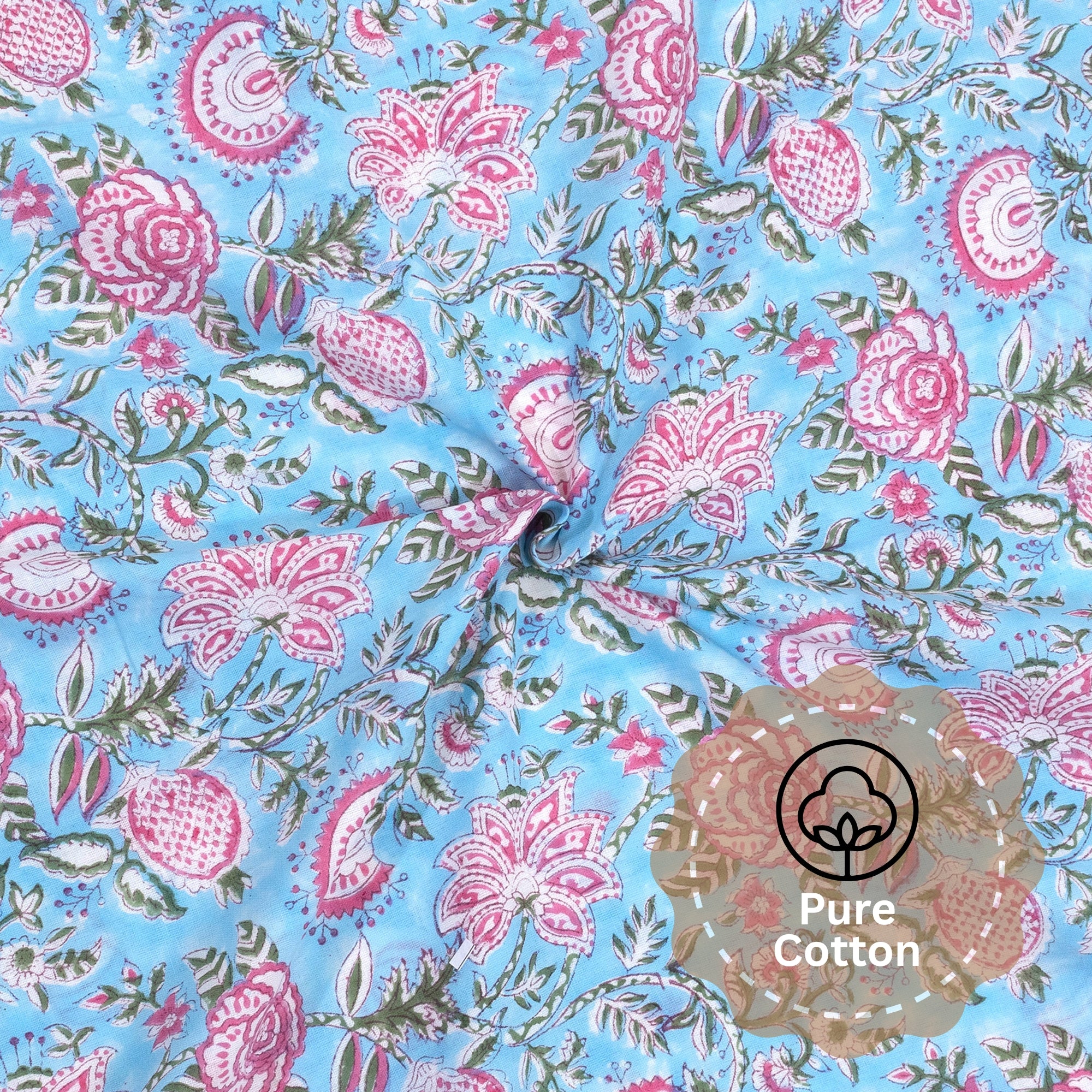 Pink Florals on Blue | Quilt Duvet Cover with Pillow Covers
