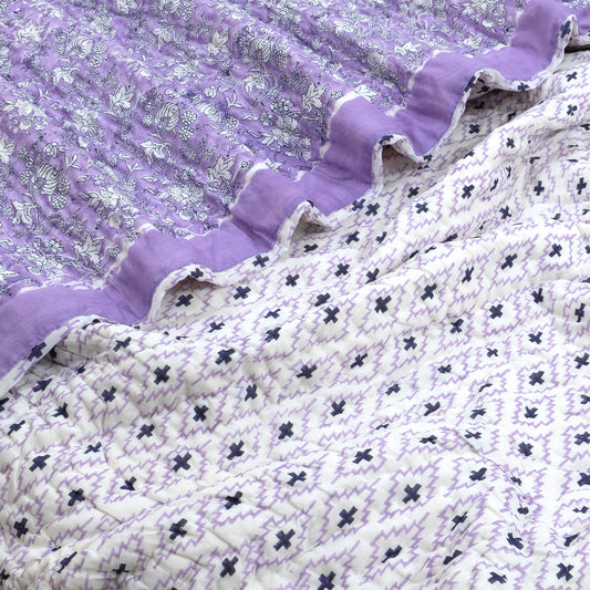 Lavender Kalamkari| 300TC Bedsheet | 2 Pillow Covers | Mulmul Cotton Quilt