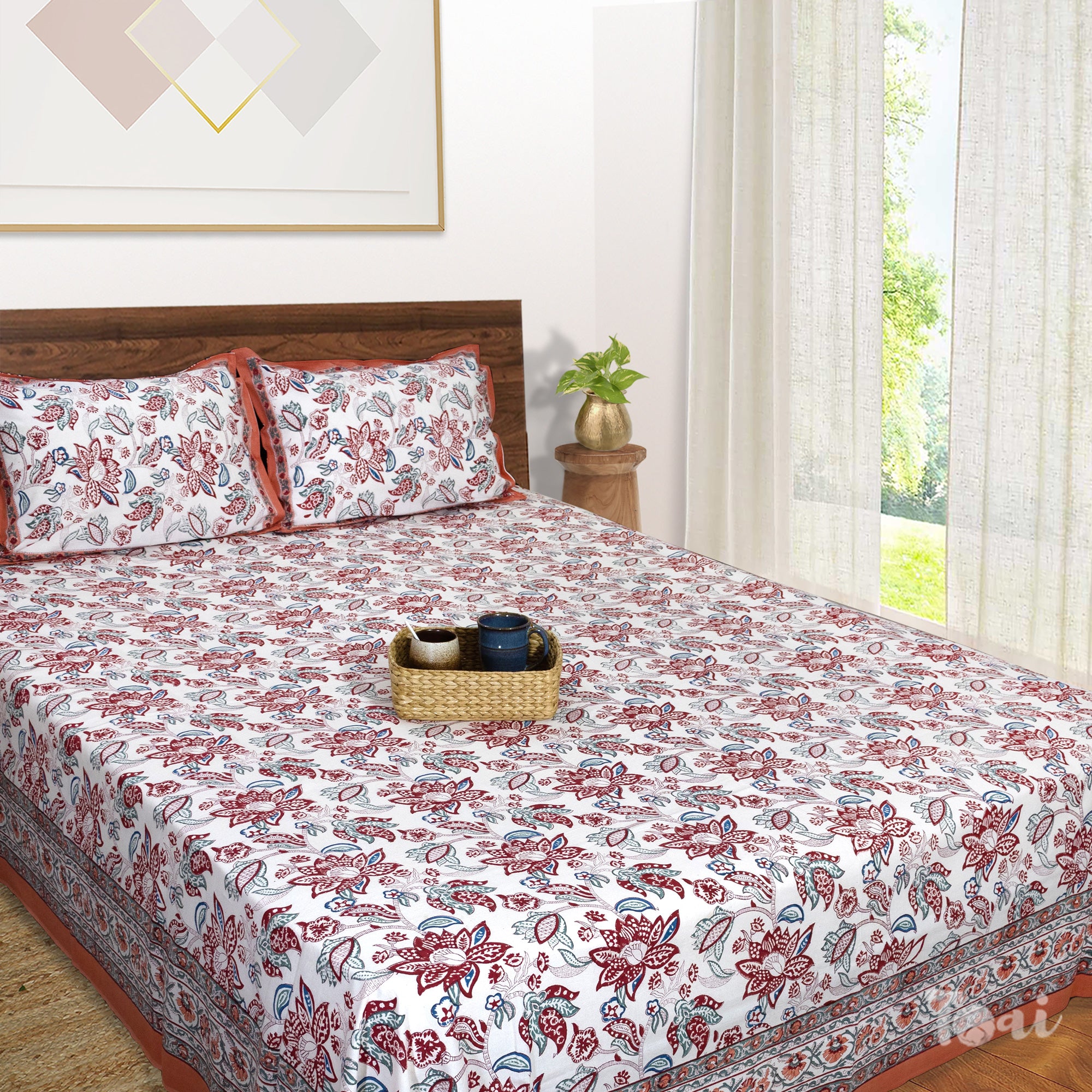 Peach Florals on White  | Fine Quality Bedsheet