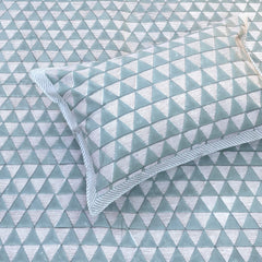 Cement Green Triangles | 300TC Bedsheet | 2 Pillow Covers | Mulmul Cotton Dohar