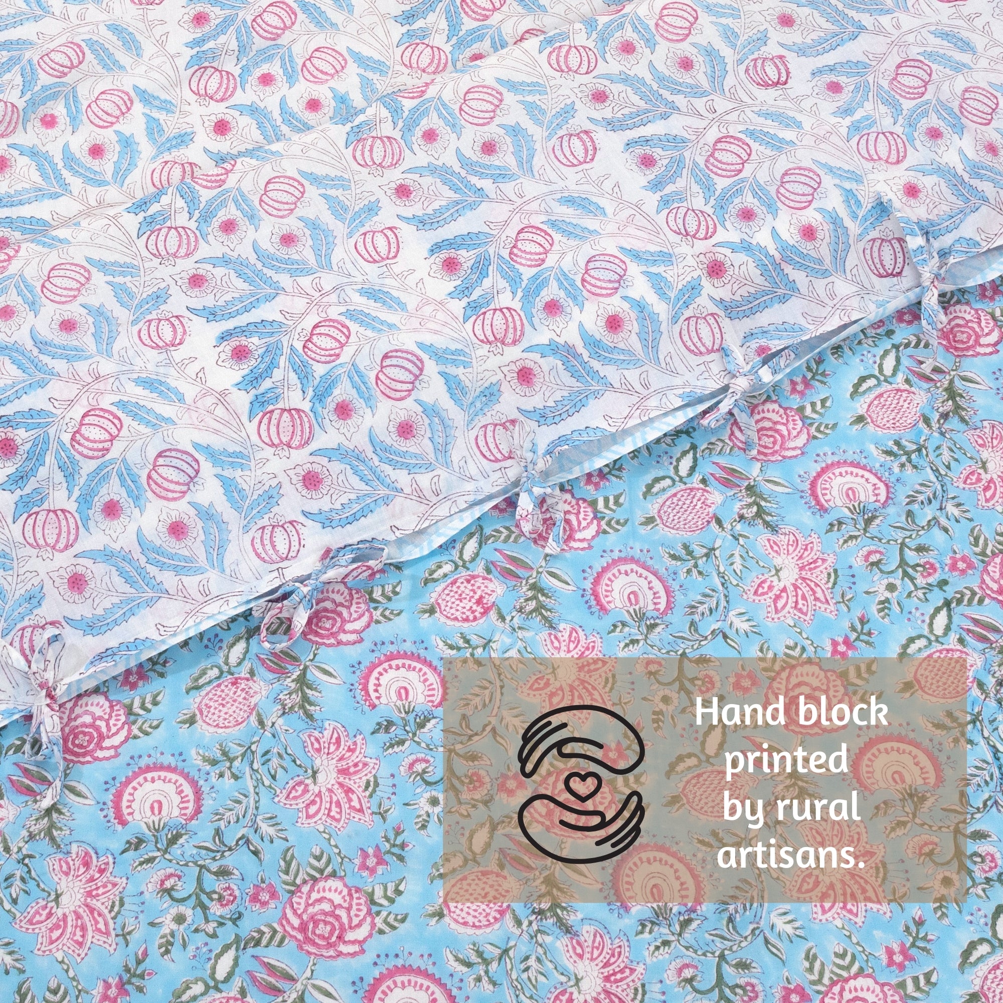 Pink Florals on Blue | Quilt Duvet Cover with Pillow Covers