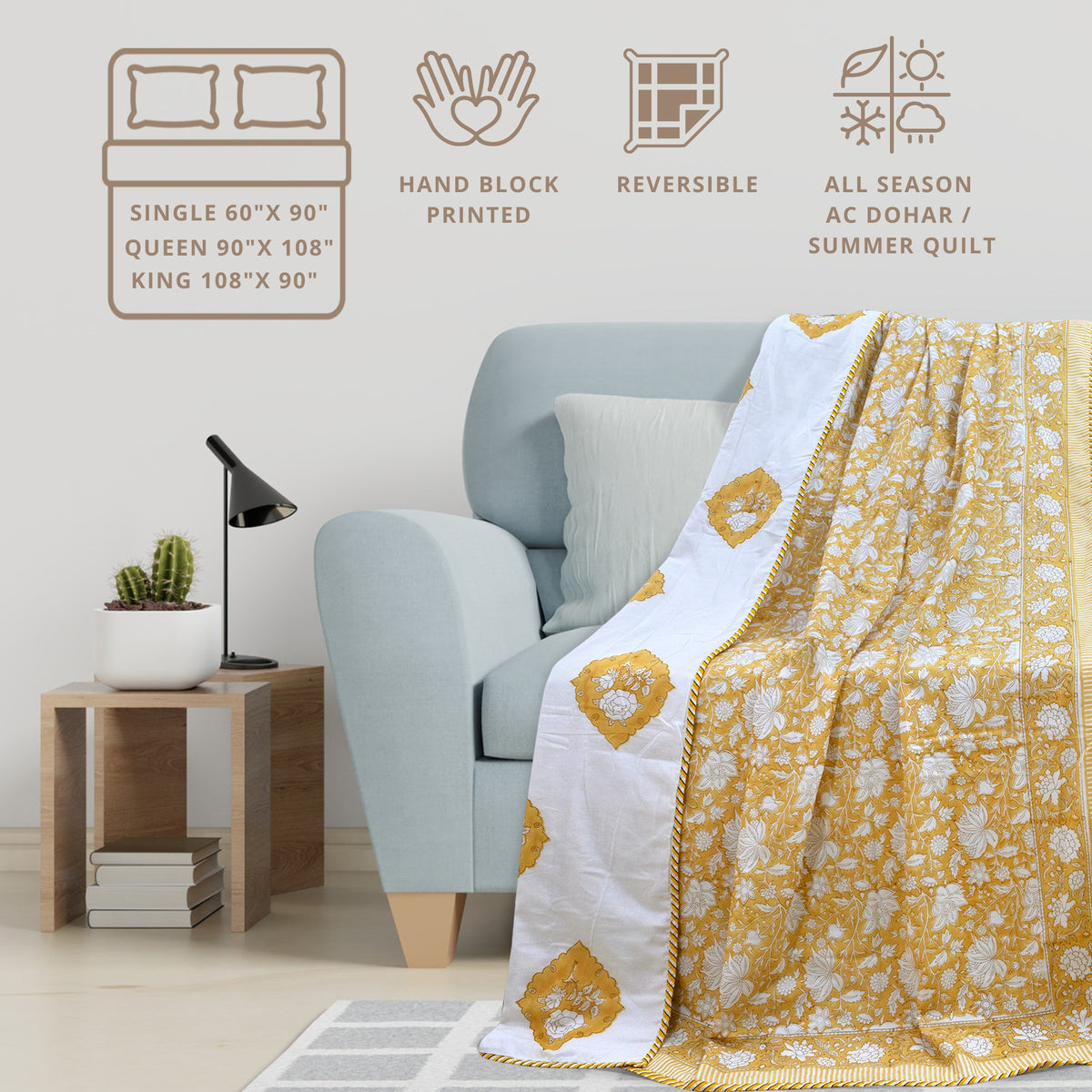 Light Mustard  Yellow Kalamkari | Dohar | Summer Blanket