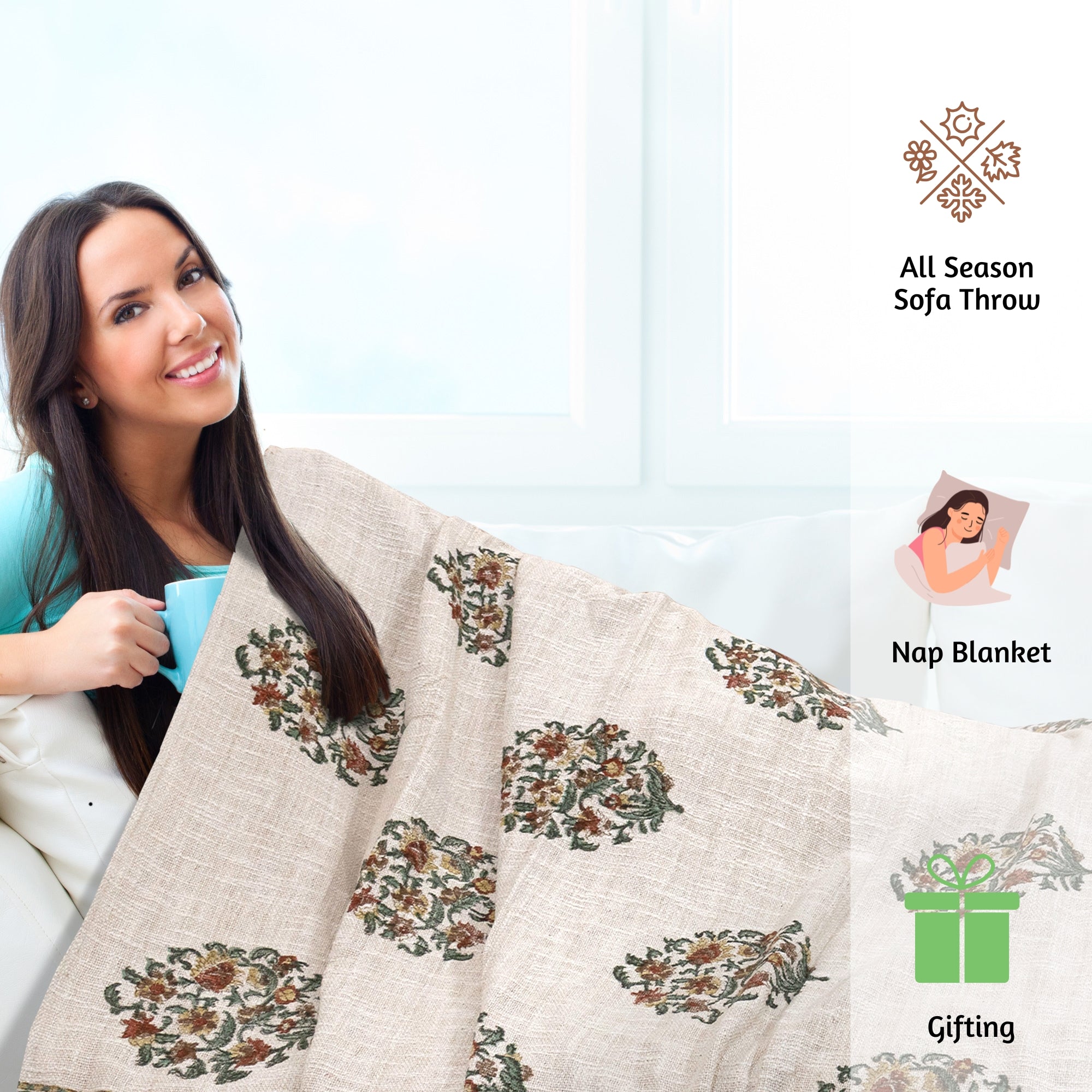 Earthy Mugal Motif | Multi Color Florals | Woven Sofa Throw