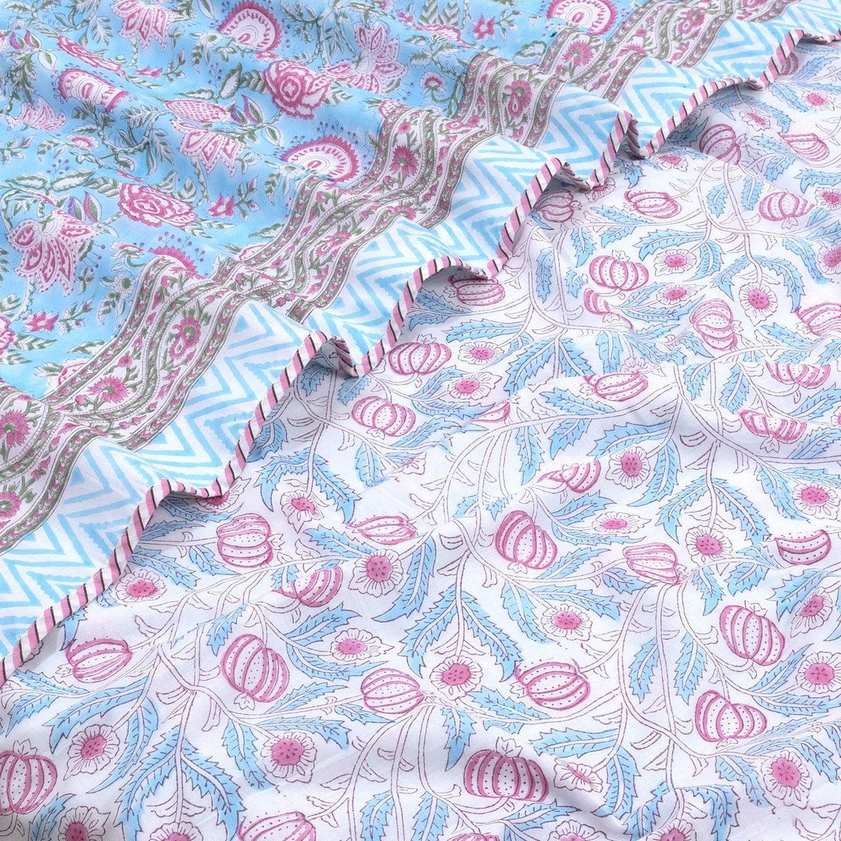 Pink Florals on Blue   | Dohar | Summer Blanket