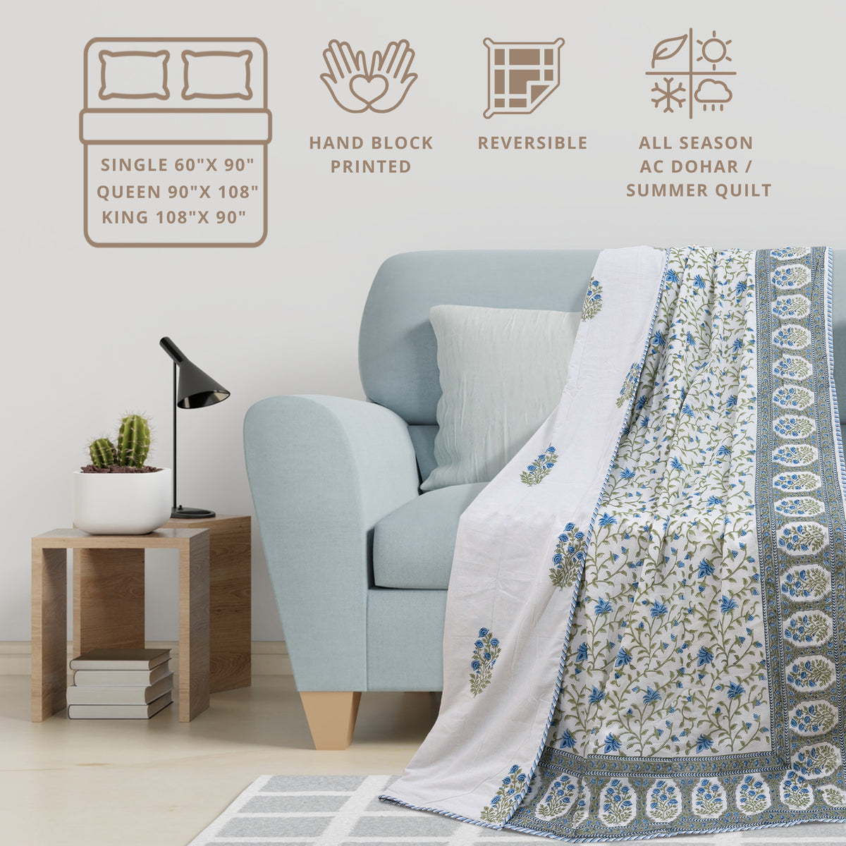 White Blue Florals | Dohar | Summer Blanket