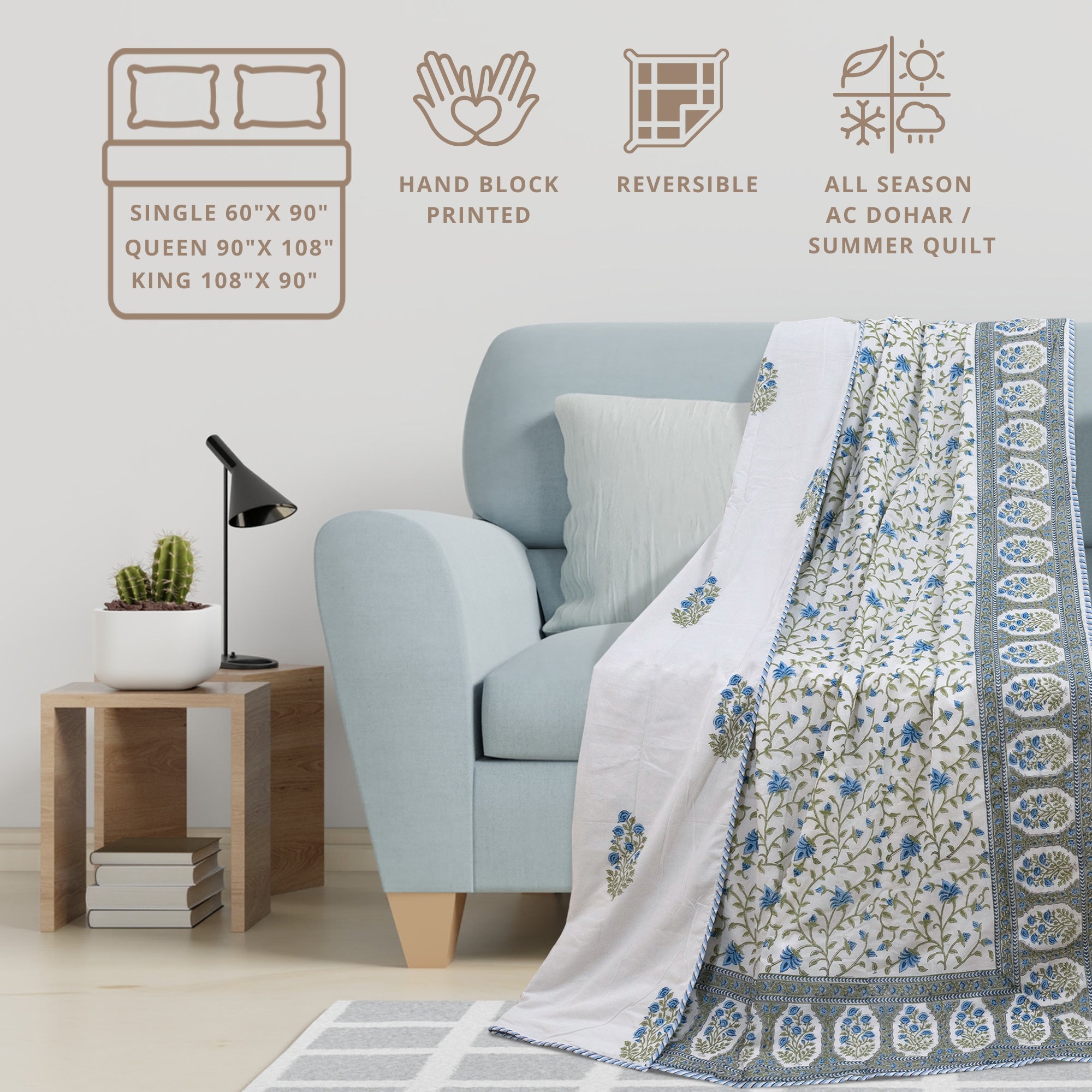 White Blue Florals | Dohar | Summer Blanket