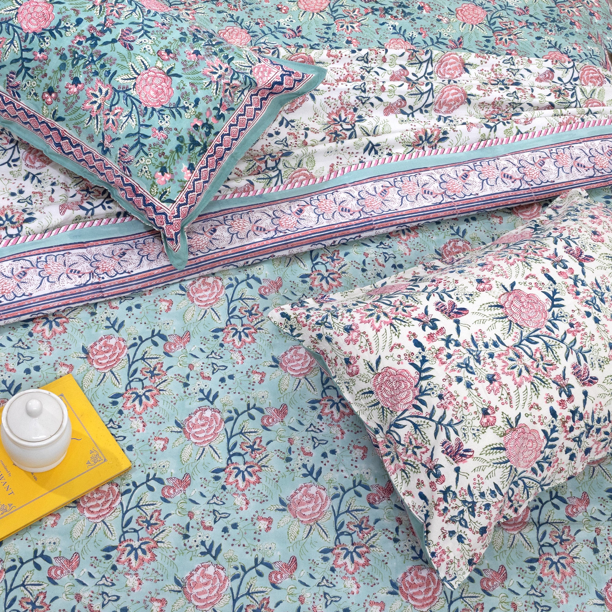 Rose on Pastel Green |All- Season Bedding Set | Fine Quality Bedsheet, Pillow Covers, Dohar