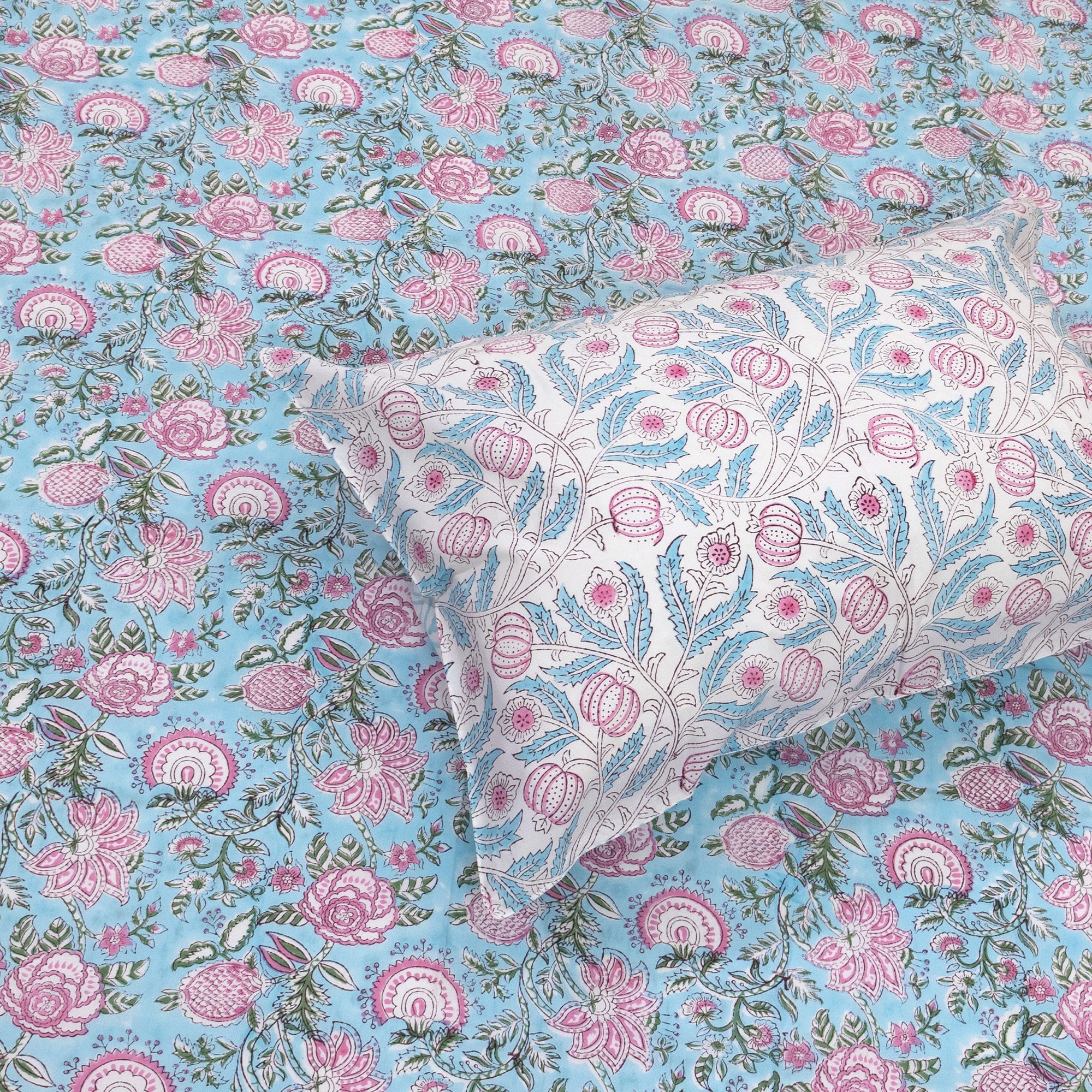 Pink Florals on Blue  |  Premium Bedsheet