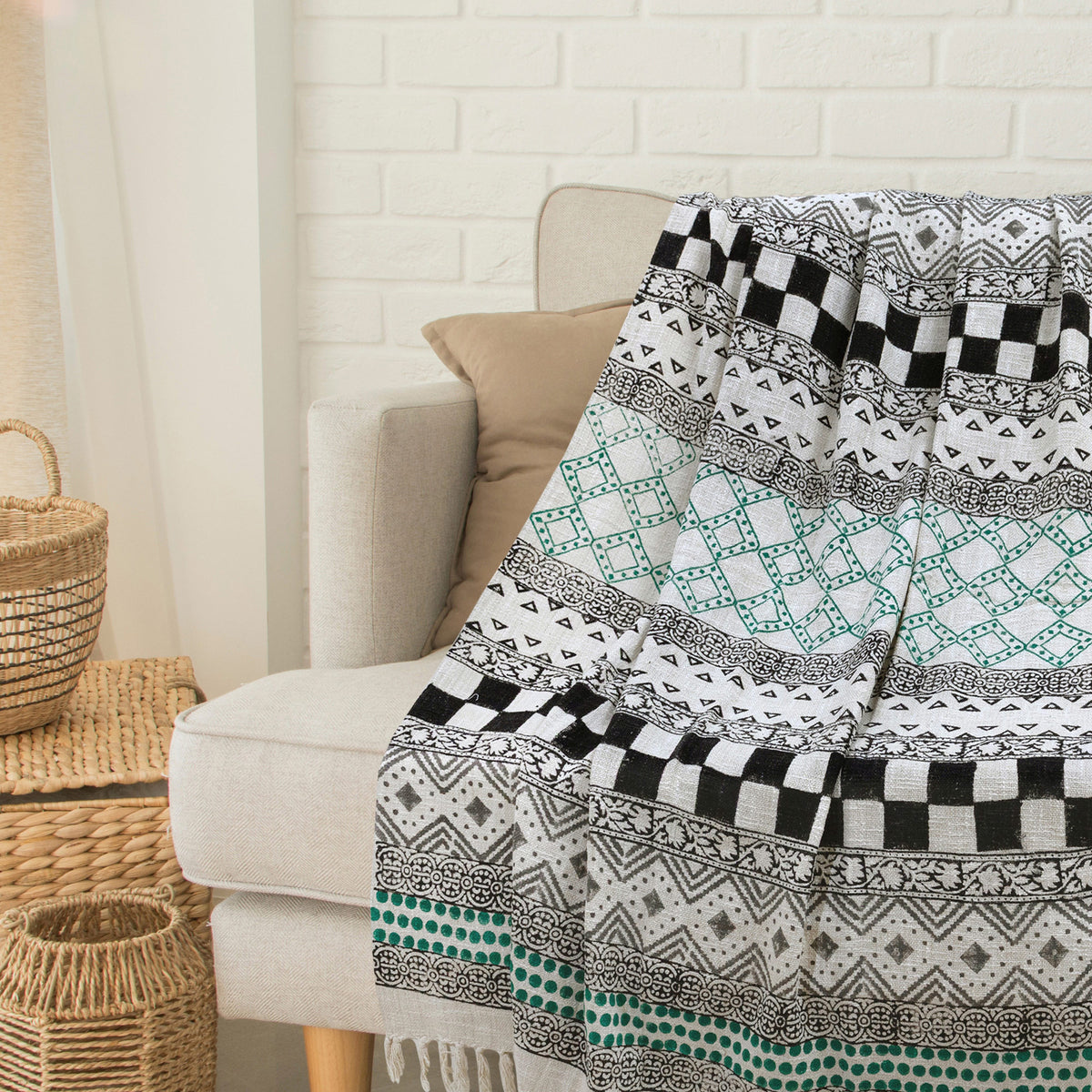 Green Gray Line | MultiColor Florals | Woven Sofa Throw
