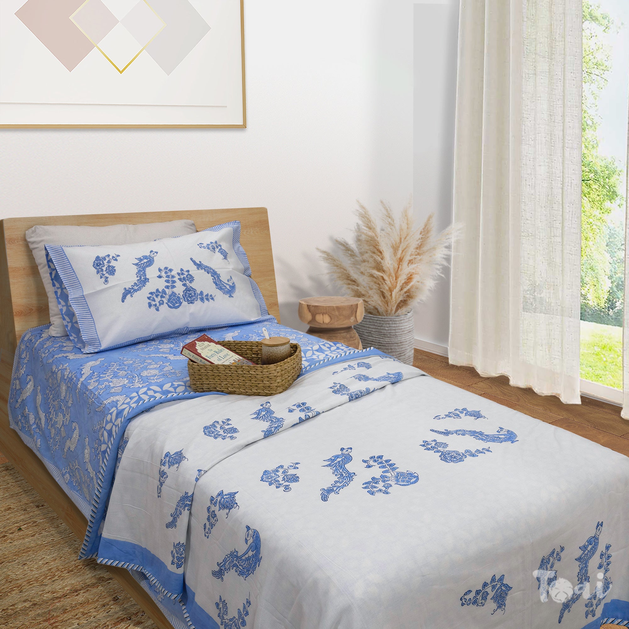 Blue Bird| All- Season Bedding Set | Premium Bedsheet , Pillow Covers, Dohar