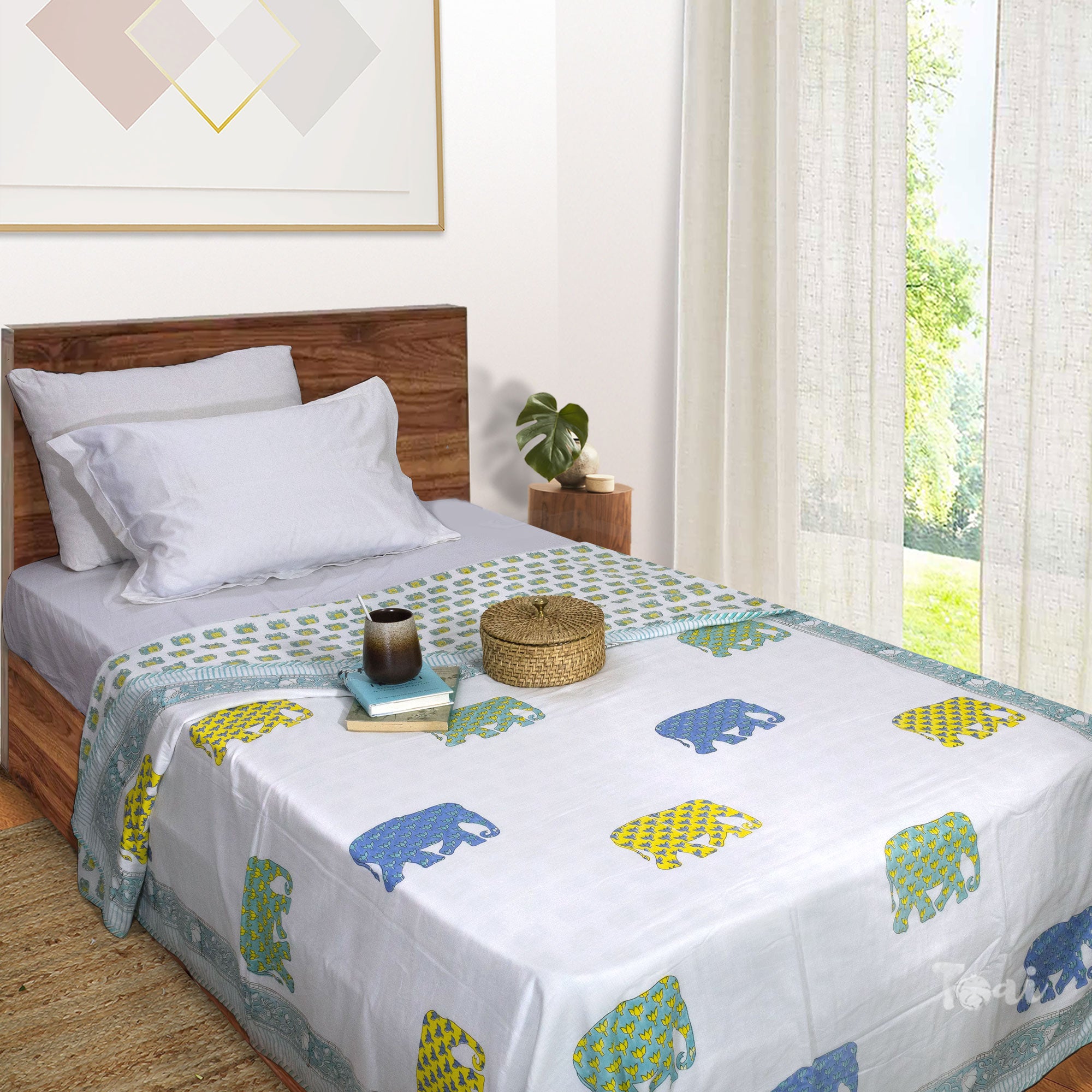 Elephant White Blue Green Yellow | Dohar | Summer Blanket