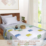 Elephant White Blue Green Yellow | Pure Mulmul Cotton | Flannel filling
