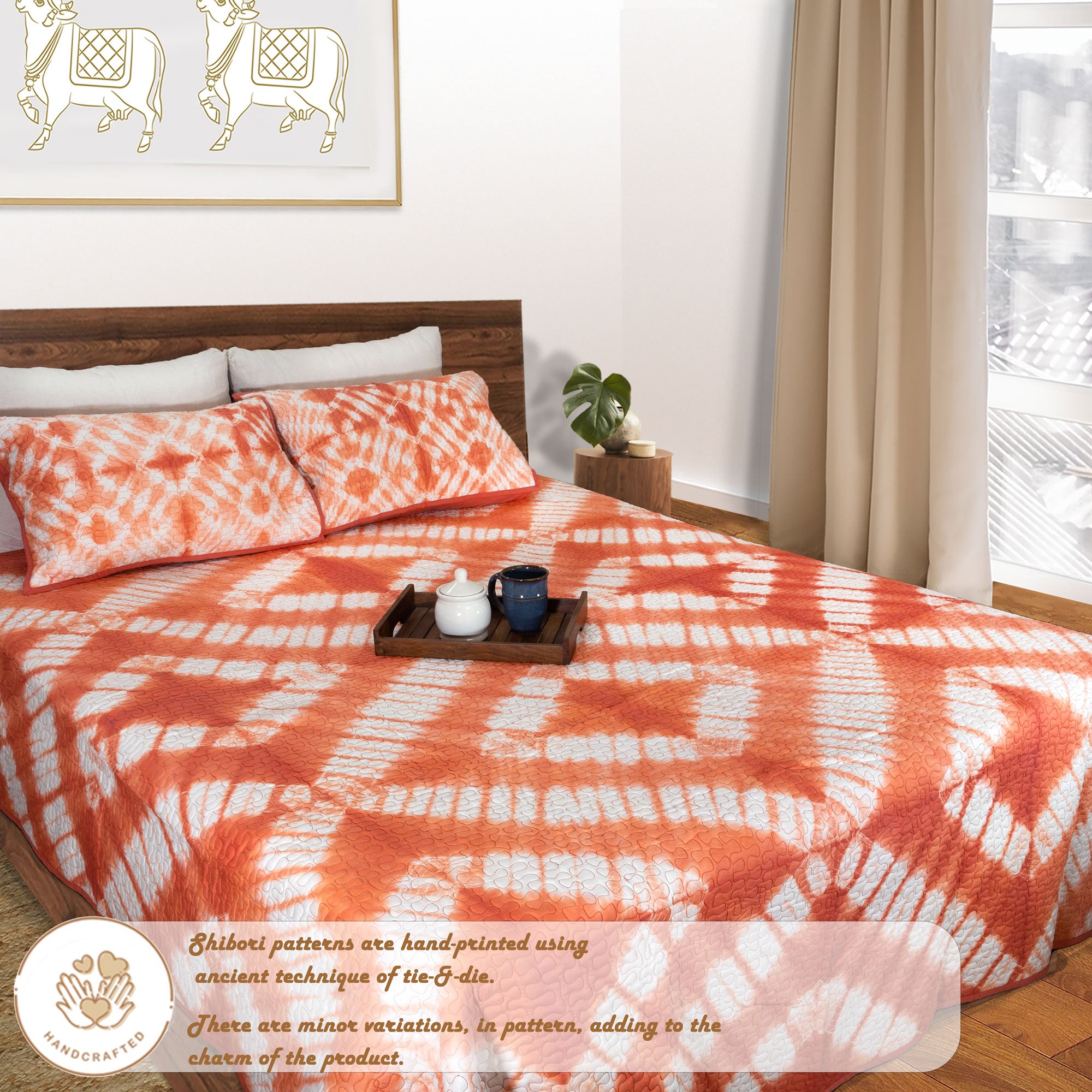 Peach Diamonds| Quilted Bed cover |Shibori, Tie-&-Die|Double Bed- Queen Size| Premium Mulmul Cotton| Organic Cotton Sheet Filling |Complementing pillow covers