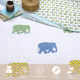 Elephant White Blue Green Yellow | Pure Mulmul Cotton | Flannel filling