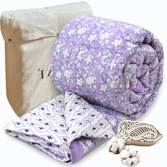 Lavender Kalamkari| 300TC Bedsheet | 2 Pillow Covers | Mulmul Cotton Quilt