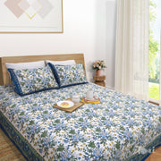 Blue Green Motives On White  - King Queen Cotton Bed sheet