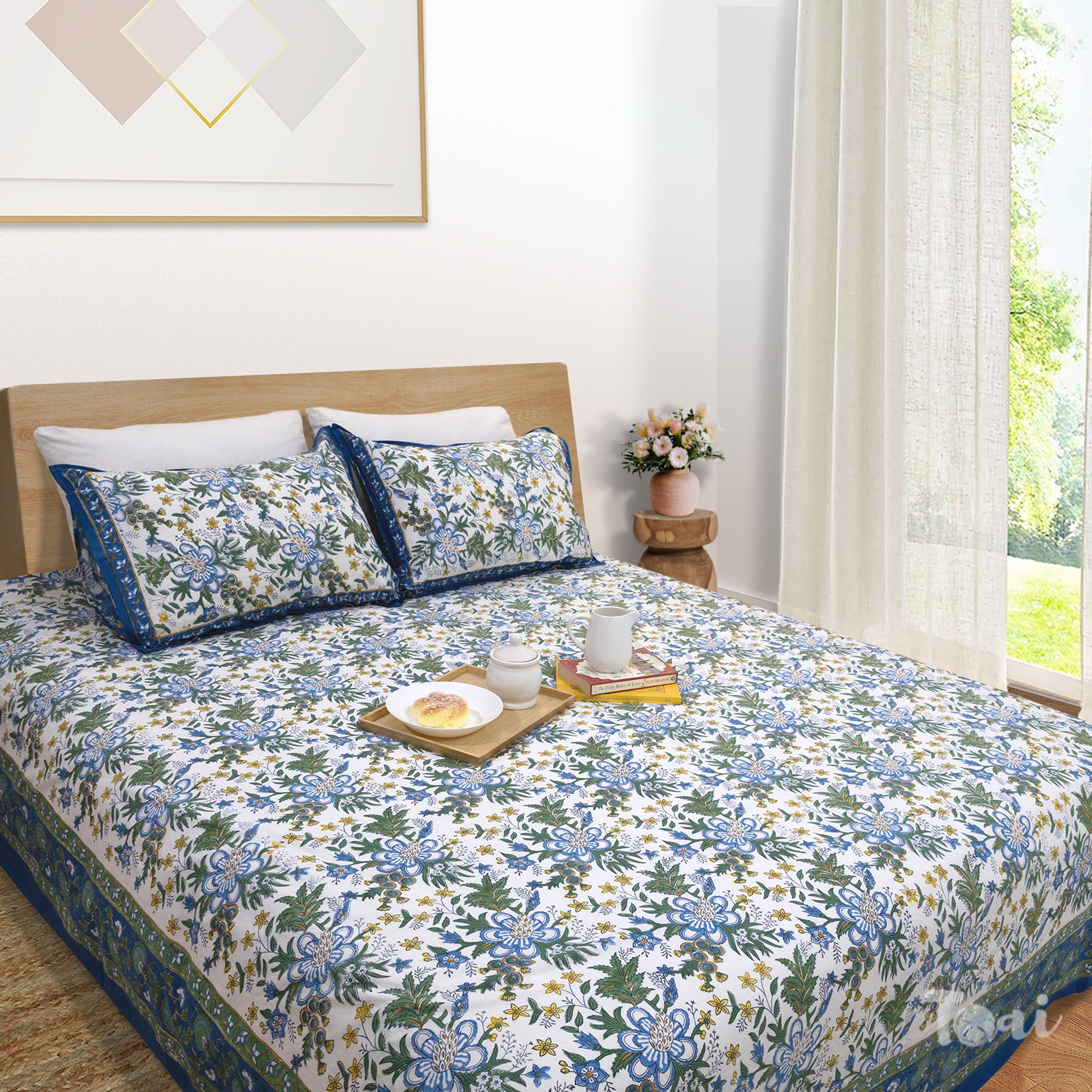 Blue Green Motives On White  | Fine Quality Bedsheet