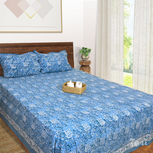 White Roses on Blue |hand block printed bedsheet| Double bed ,Queen size | 210 TC Pure Cotton| Complementing pillow covers