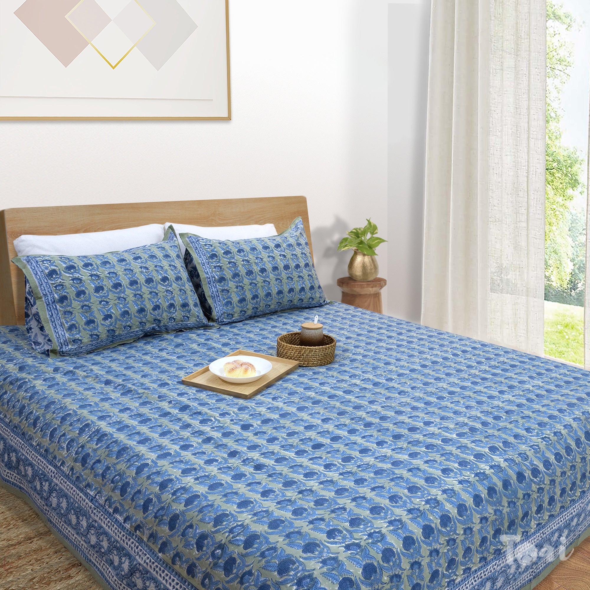 Sage Green Denim Blue  | Fine Quality Bedsheet