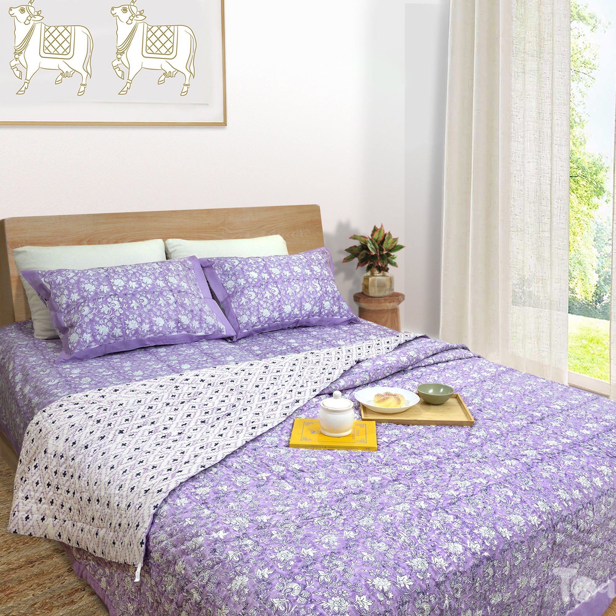 Lavender Kalamkari| Comforter Bedding Set | Premium Bedsheet , Pillow Covers, Quilt / Razai