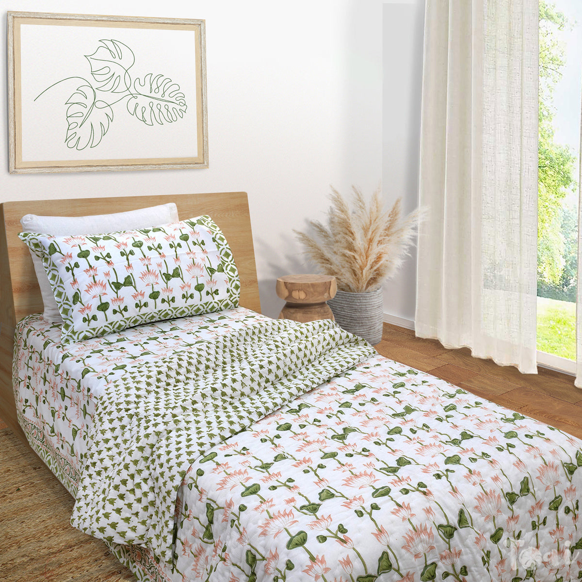 Lotus Vines| Comforter Bedding Set | Premium Bedsheet , Pillow Covers, Quilt / Razai