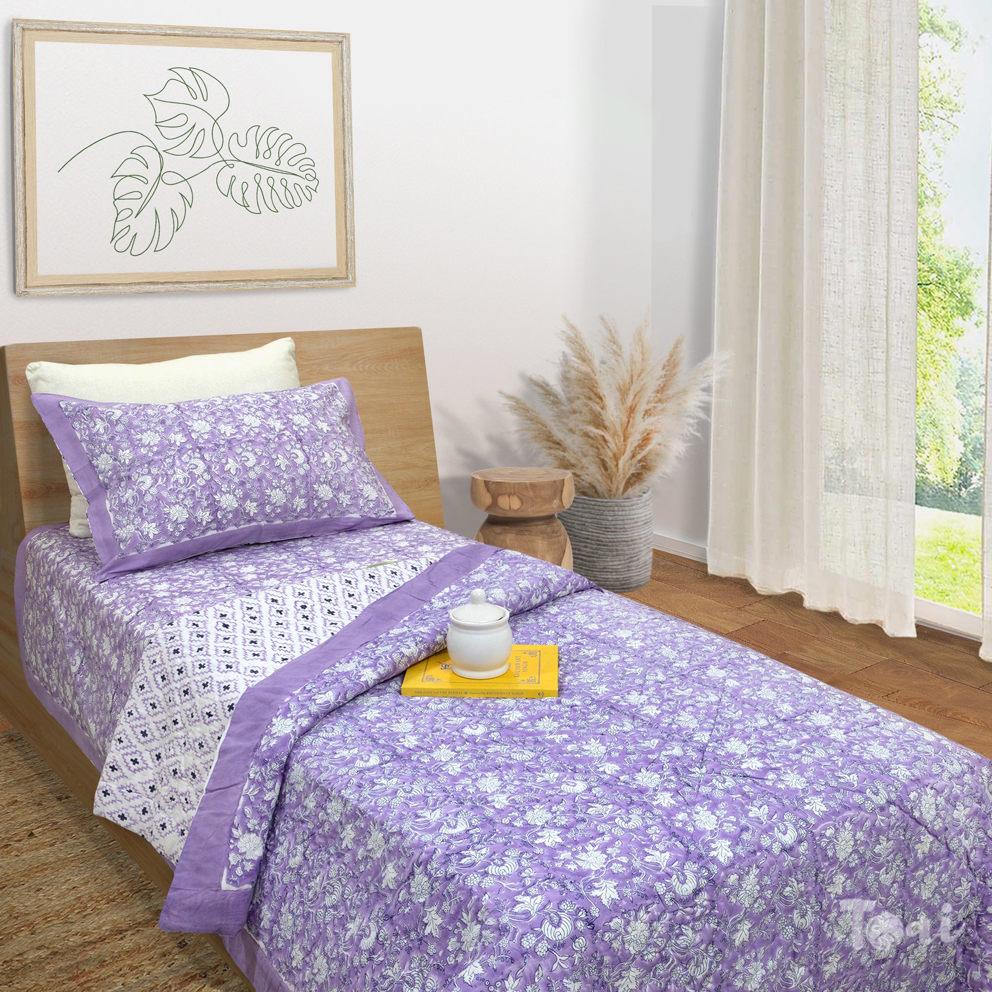 Lavender Kalamkari| Comforter Bedding Set | Premium Bedsheet , Pillow Covers, Quilt / Razai
