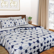 Indigo Geometry| Quilted Bed cover |Shibori, Tie-&-Die|Double Bed- Queen Size| Premium Mulmul Cotton| Organic Cotton Sheet Filling |Complementing pillow covers