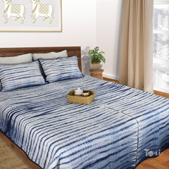 Indigo Smoke|Quilted Bed cover |Shibori, Tie-&-Die|Double Bed- Queen Size| Premium Mulmul Cotton| Organic Cotton Sheet Filling |Complementing pillow covers