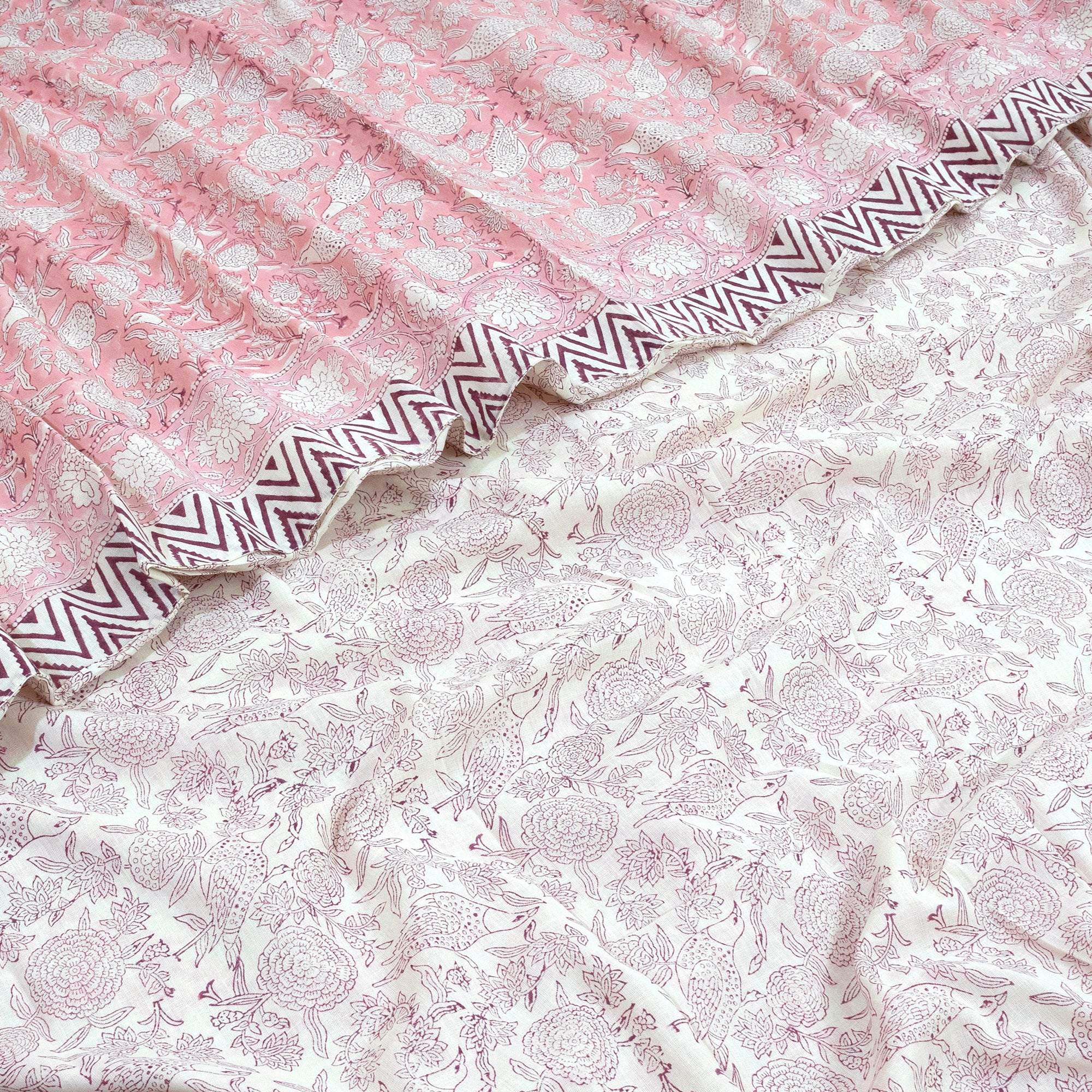 Pink Bird Kalamkari | Quilt Duvet Cover with Pillow Covers