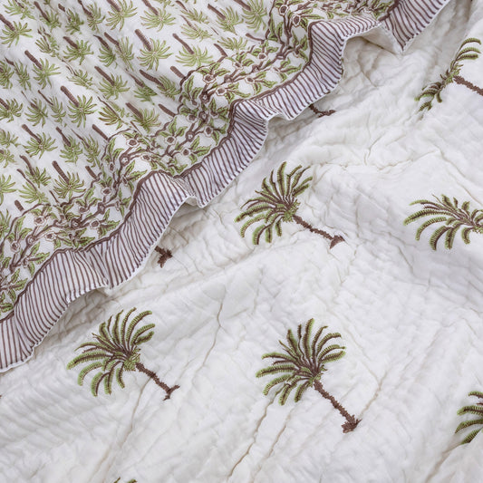 Palm Tree| 300TC Bedsheet | 2 Pillow Covers | Mulmul Cotton Quilt