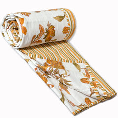 Yellow Flowers on White | Jaipuri Screen printed| Single Dohar | Premium Mulmul Cotton | Reversible