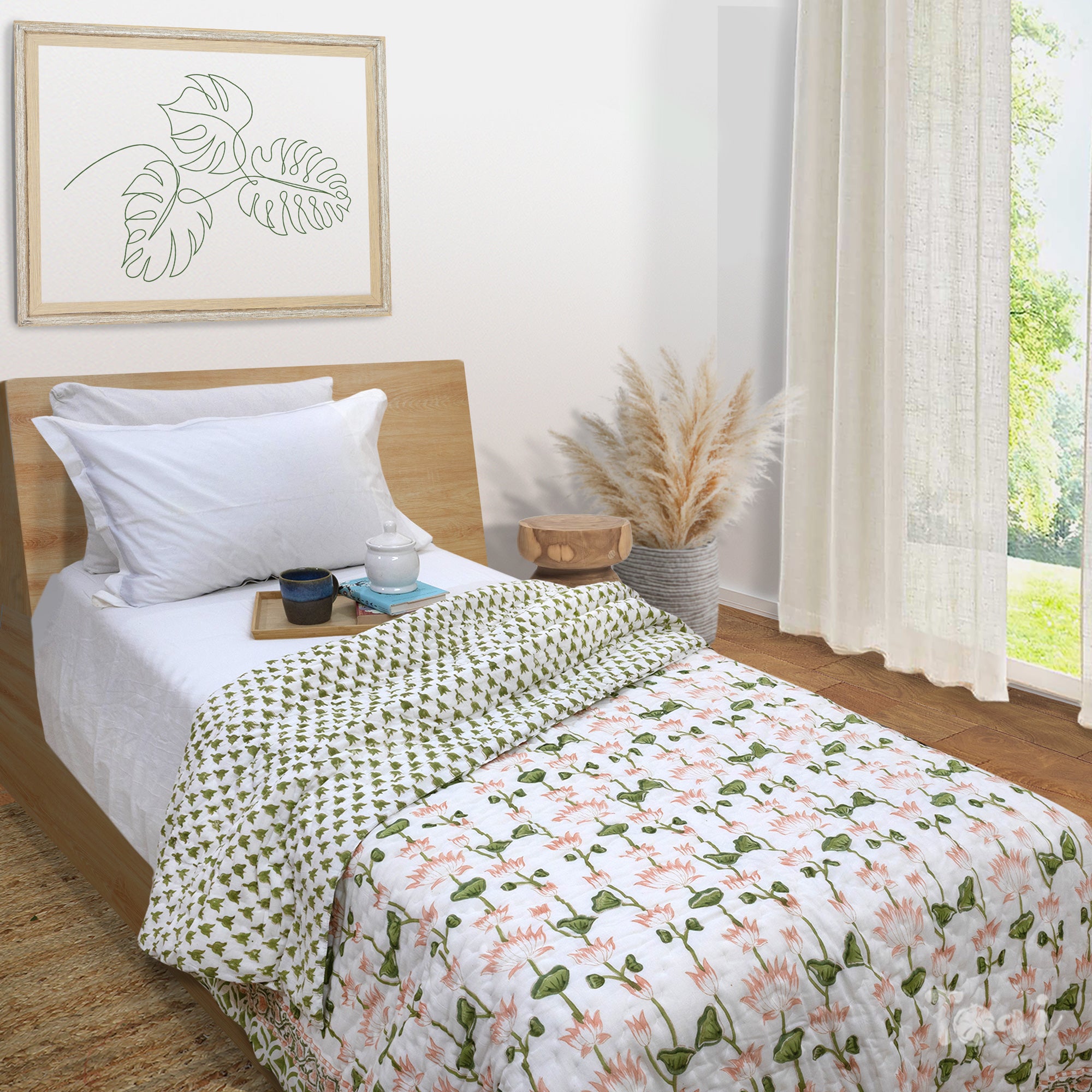 Lotus Vines| Comforter Bedding Set | Premium Bedsheet , Pillow Covers, Quilt / Razai
