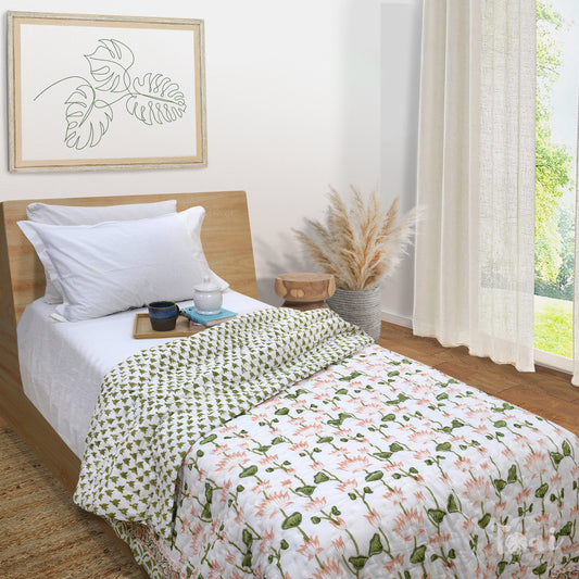 Lotus Vines| 300TC Bedsheet | 2 Pillow Covers | Mulmul Cotton Quilt