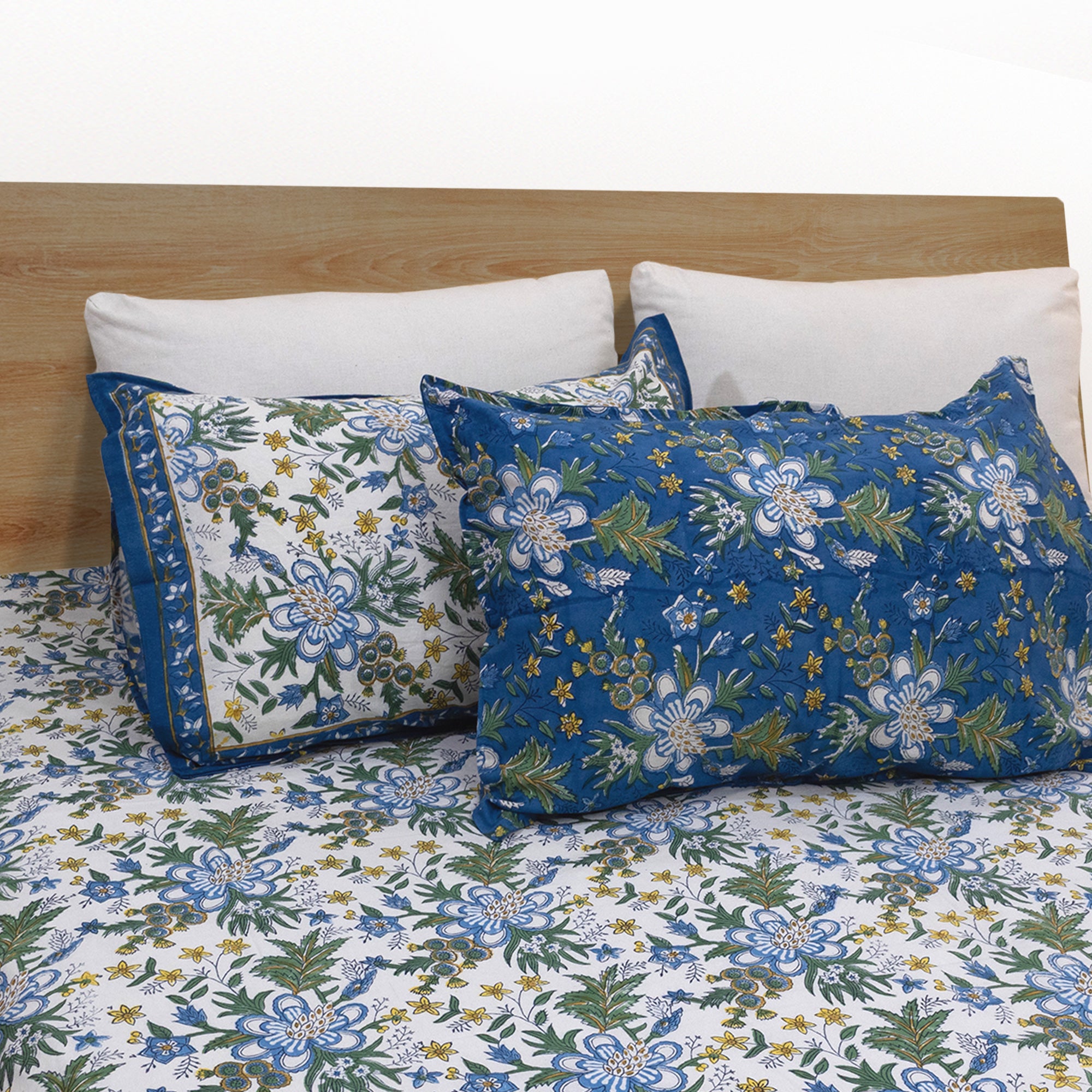 Blue Green Motives On White  | Fine Quality Bedsheet