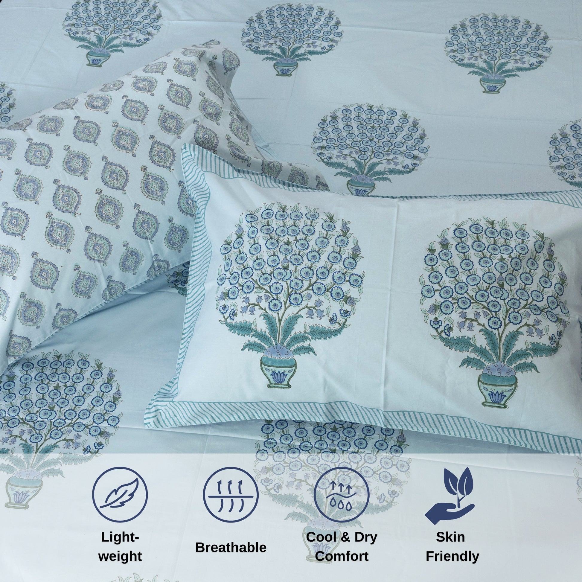 Bouquet on Light Blue  - Reversible Pillow Covers double bedsheet