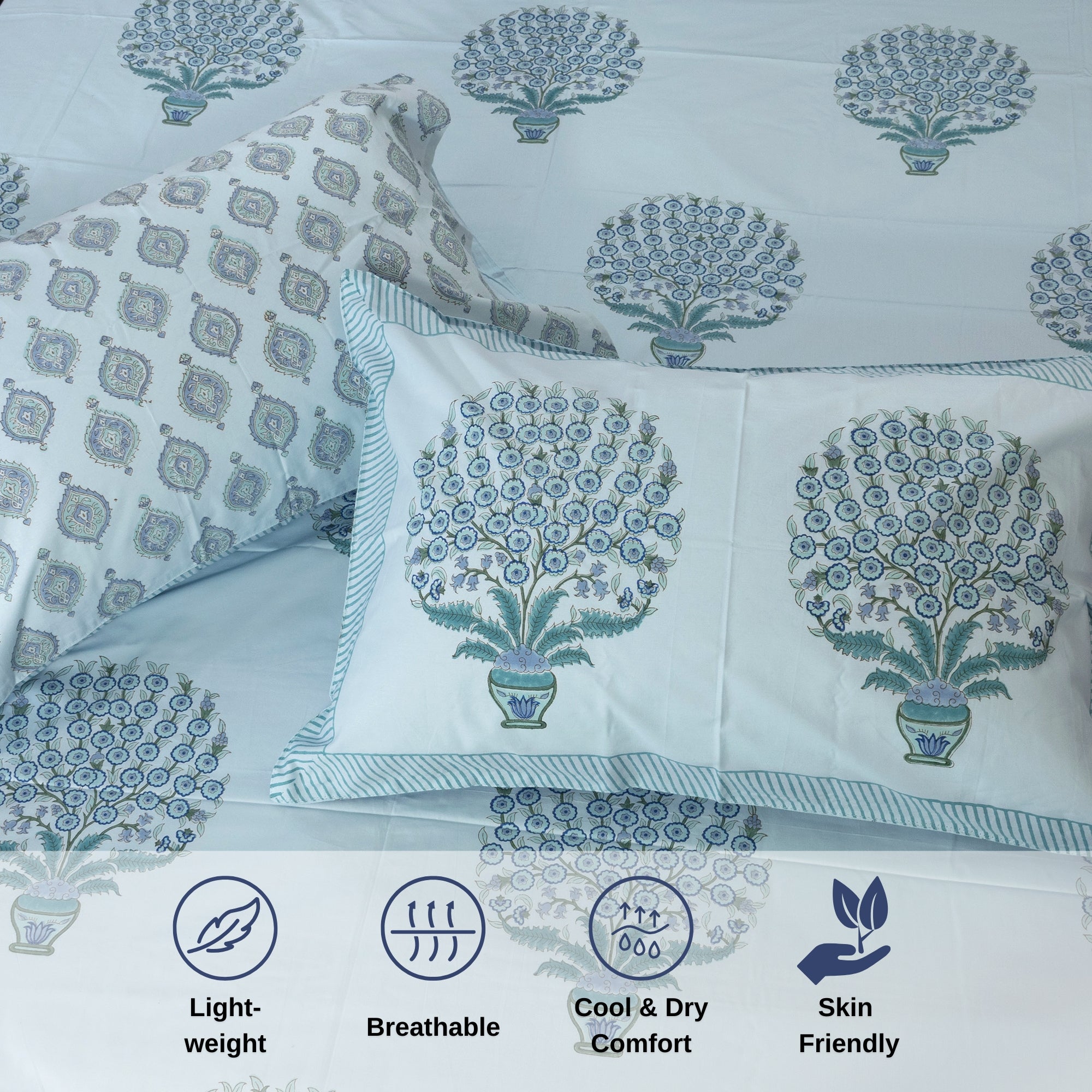 Bouquet on Light Blue  - Reversible Pillow Covers double bedsheet