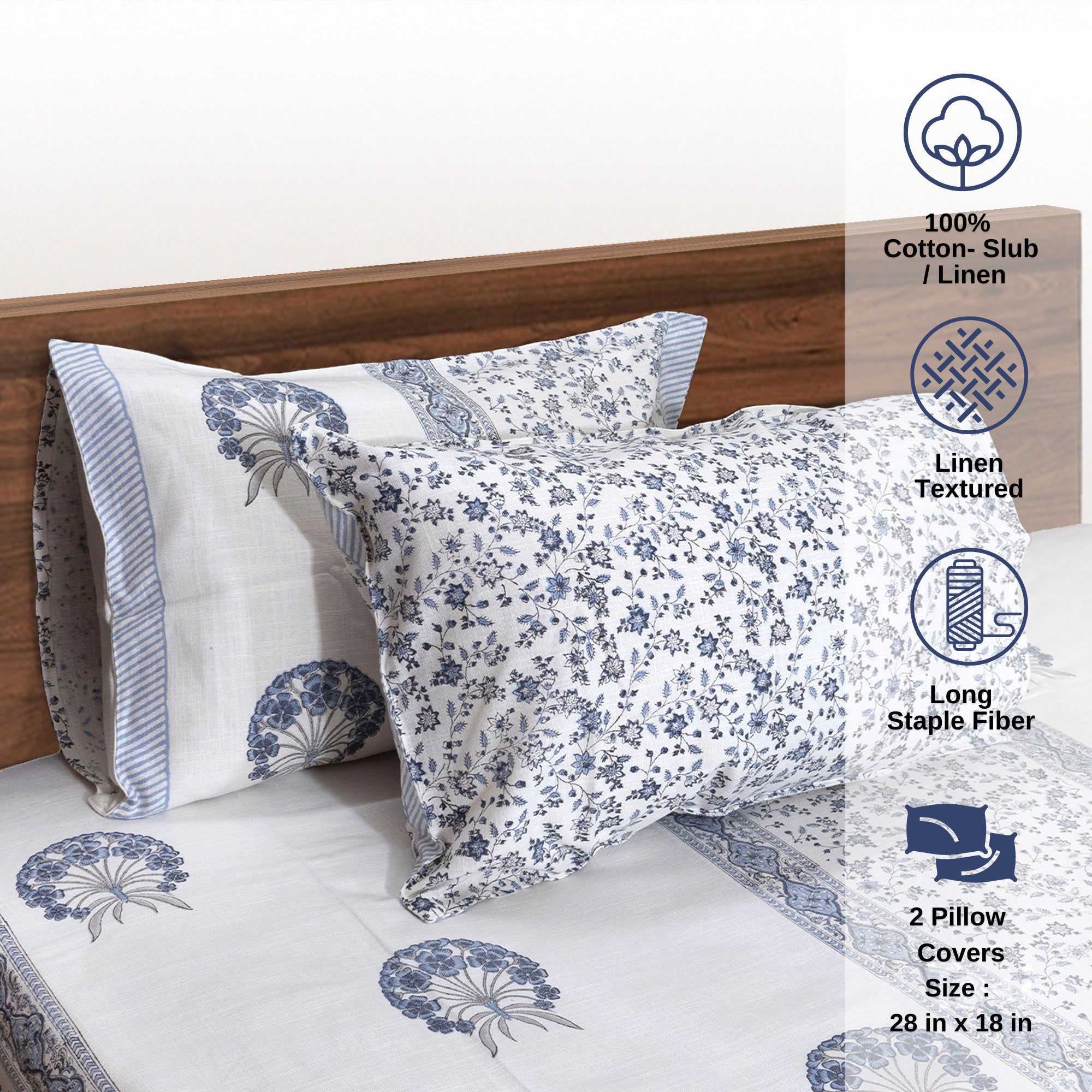 Blue Grey White | MultiColor Florals | Pure Cotton Slub | Linen Texture