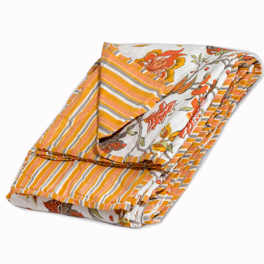 Yellow Orange Florals on White| Jaipuri Screen printed| Single Dohar | Premium Mulmul Cotton | Reversible