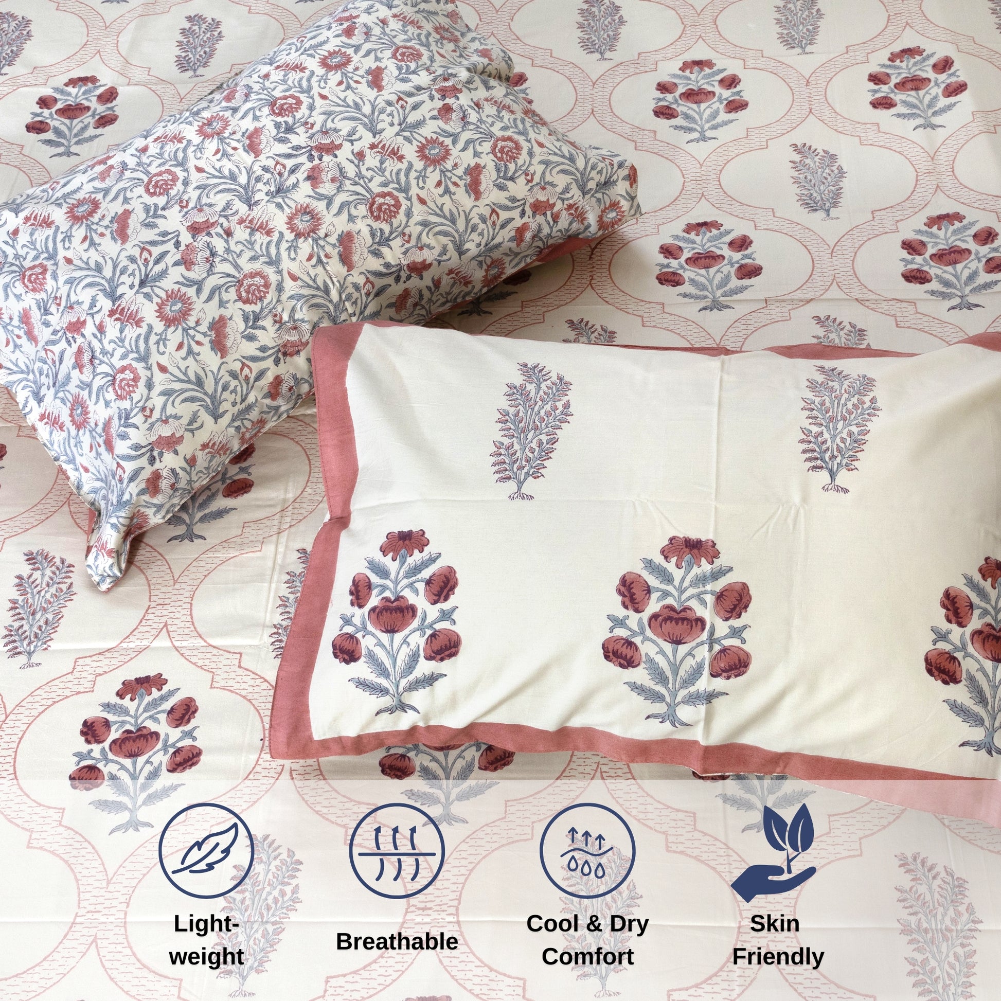 Rust Grey Jaal on Beige  - Reversible Pillow Covers double bedsheet