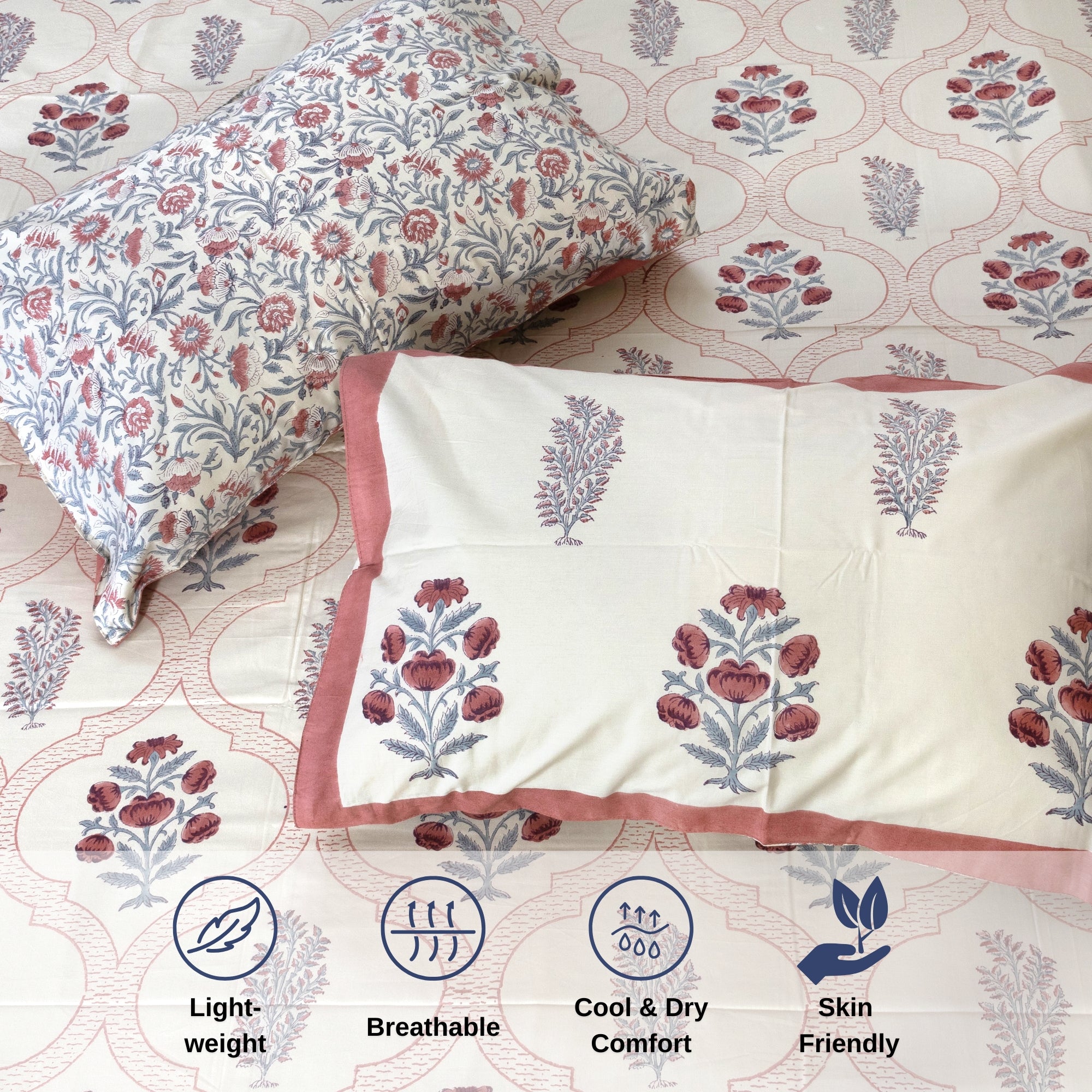 Rust Grey Jaal on Beige  - Reversible Pillow Covers double bedsheet