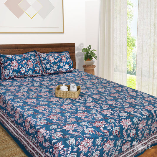 White Red Florals on Blue |hand block printed bedsheet| Double bed ,Queen size | 210 TC Pure Cotton| Complementing pillow covers