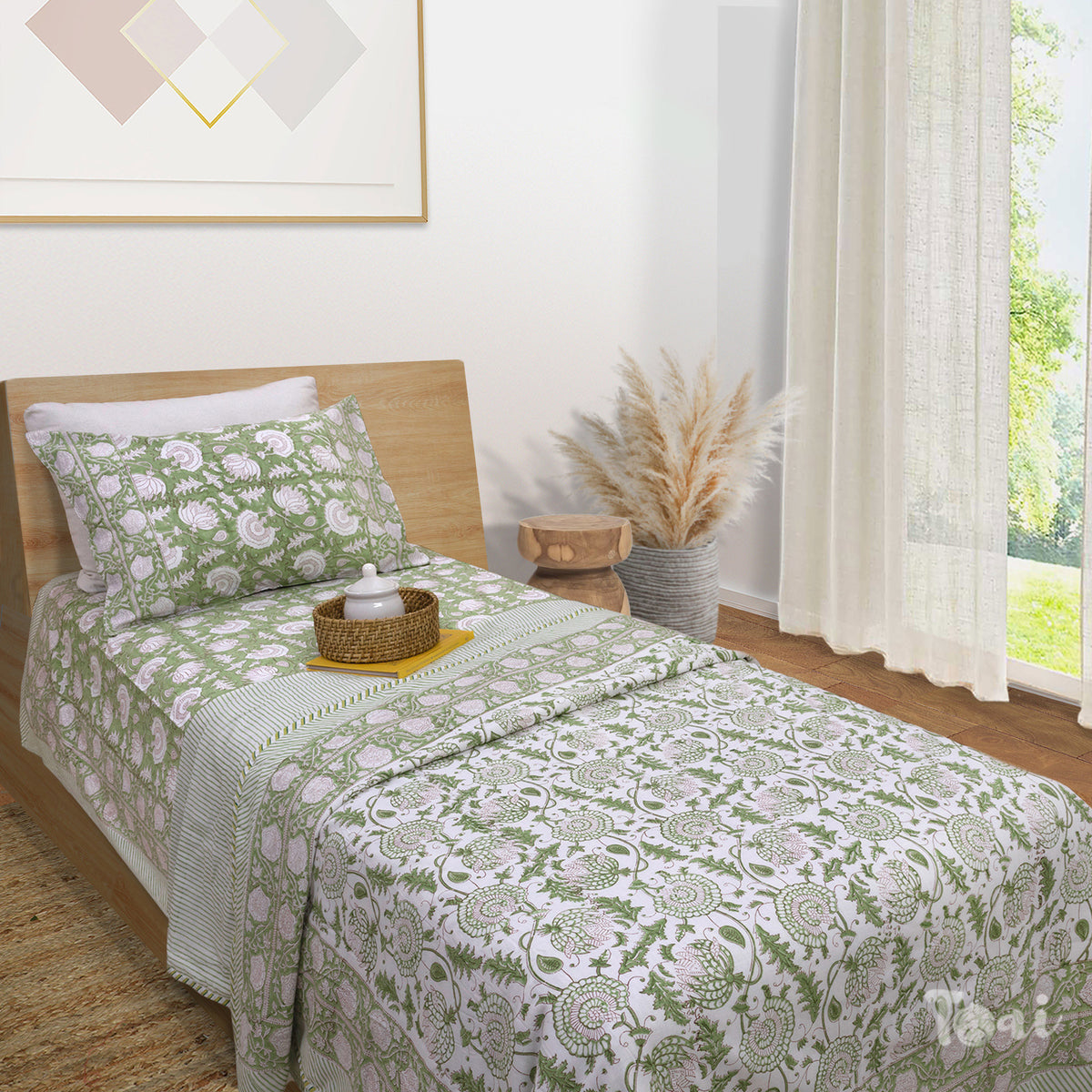Green Kalamkari| All- Season Bedding Set | Premium Bedsheet , Pillow Covers, Dohar